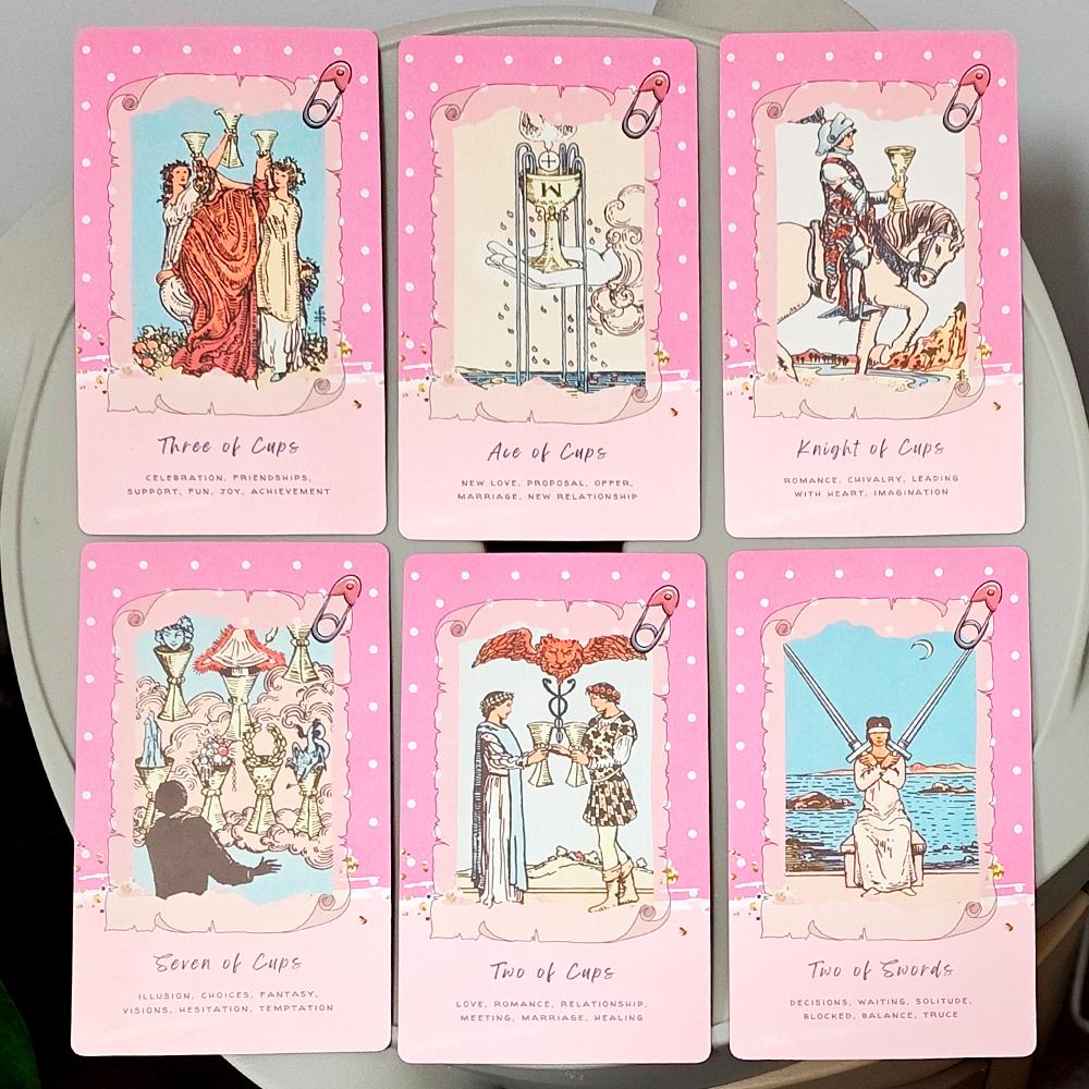 Pink Waite Tarot, The Dreamy Pink Collage Tarot Deck, 78  Aesthetic Kawaii Tarot Cards with Meanings, Double-embossed 12*7cm
