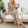 VEZFAA Women's Fashion Casual Colour Block Print Summer Spring Sleeveless Skirt Suits
