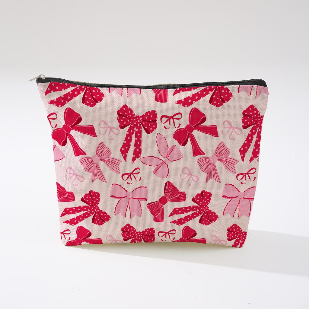 Pink Bowknot Zipper Storage Bag Travel Portable Wash Pouch Student Pencil Case Multi-Purpose Organizer for Women