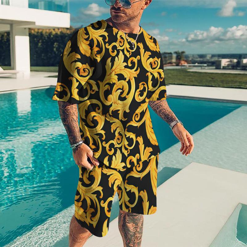 Summer Quick Drying Men's Sports Set 2-Piece 3D Printing Gold Line Black Set European Luxury Style Men's T-shirt+Beach Pants