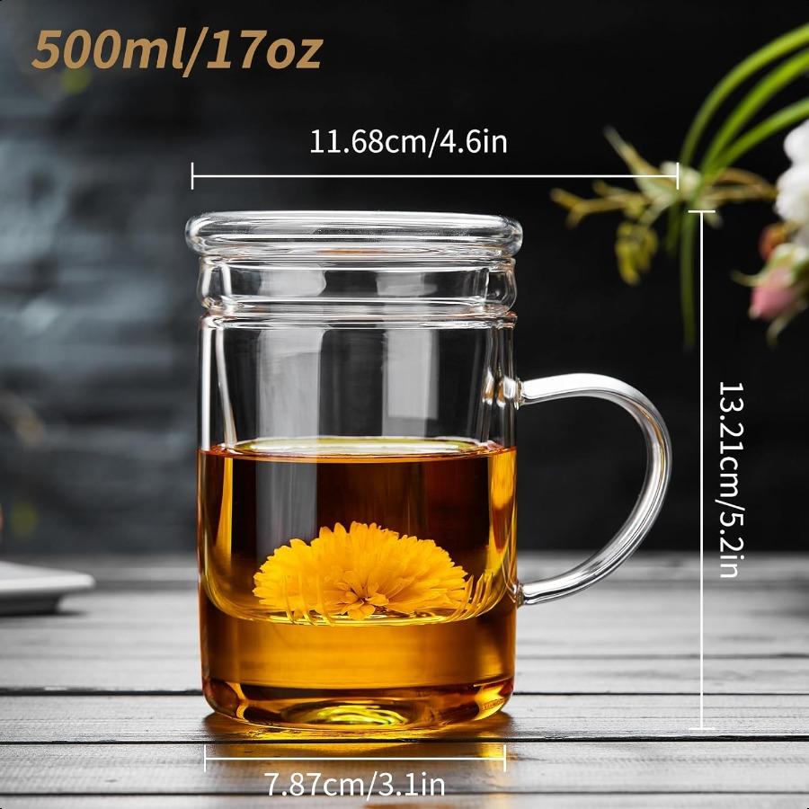 Teacup Glass Tea Cup with Infuser and Lid 17.6oz 520ml Clear Tea Mug for loose leaf tea steeper Blooming Tea Bags Glass Teapot