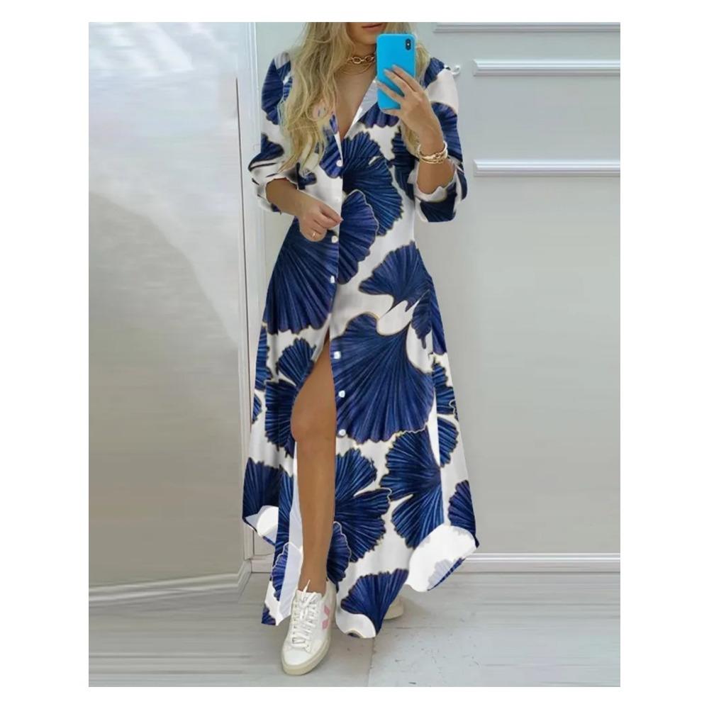 Frühling Herbst Sexy Polokragen-Shirtkleid Damen Langarm Retro-Stil Personalisiertes Druckkleid Lässiges Shirtkleid