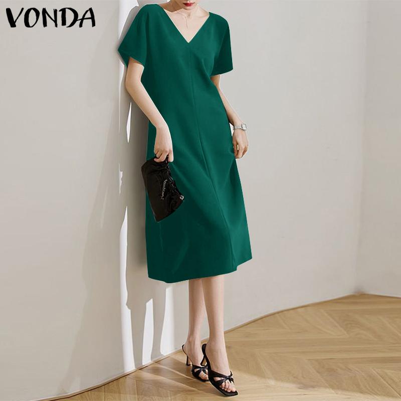 

VONDA женское элегантное свободное платье миди с коротким рукавом и V-образным вырезом