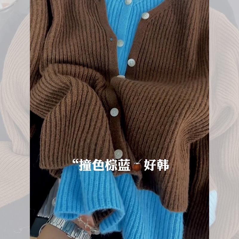 Small fake two-piece contrasting cardigan sweater jacket women's autumn and winter milk huhu lazy high-end knitted sweater top