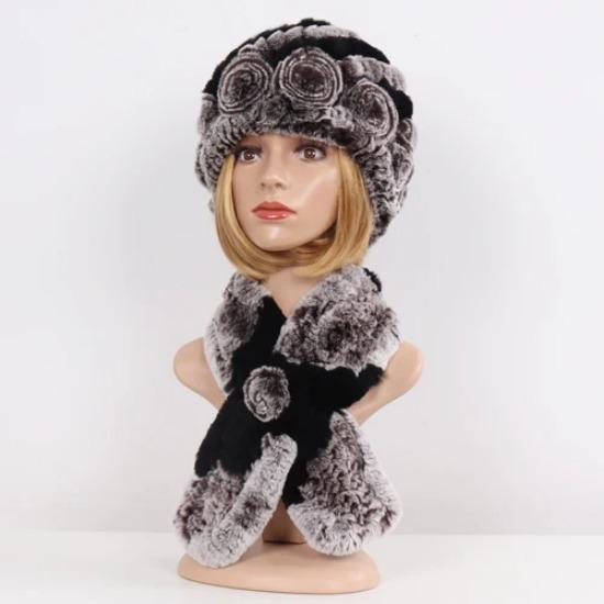 Hot Sale Lady Natural Fur Hats Scarves Sets Women Winter Knit Real Rex Rabbit Fur Hats Muffle 2 Pieces Real Fur Hat Scarf