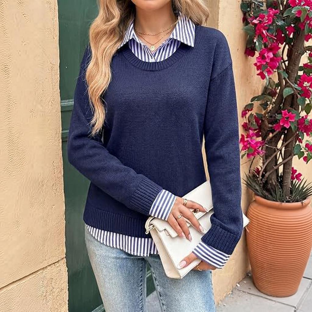 Women's Striped Knit Pullover Sweater Loose Fit Long Sleeve Casual Top