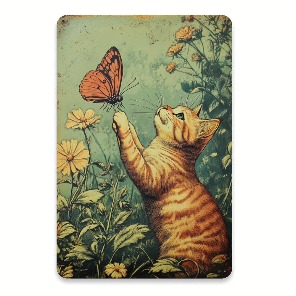 Vintage Metal Tin Sign Retro Cat Butterfly Wall Art Home Bar Decor