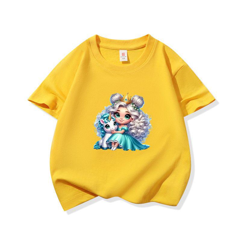 Kids Cotton T Shirt Princess Girl With Blue Unicorn Print Crew Neck Short Sleeve Tee Casual Boys Girls Summer Tops