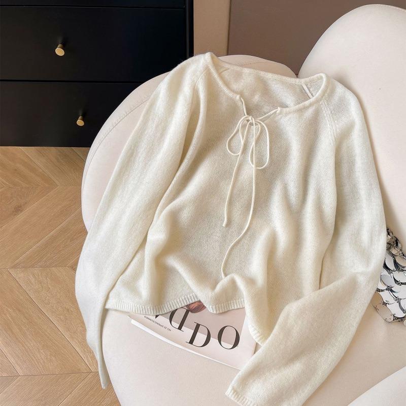 Bow Tie Crew Neck Knitted Sweater Women's New Autumn and Winter Sweater Loose and Thin Women's Crew Neck Top
