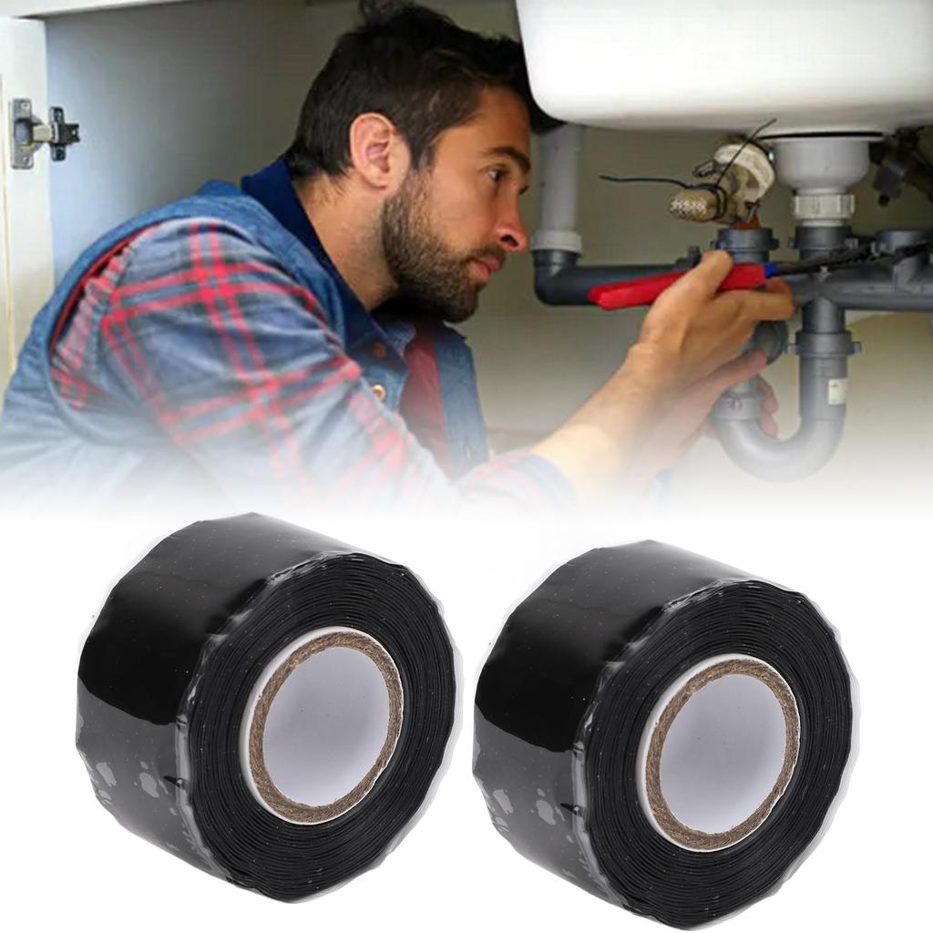 2pcs Self Fusing Tape Non Adhesive 0.98in X 9.84ft Water Proof Black Rubber Leak Proof Sealing Tape for Pipe