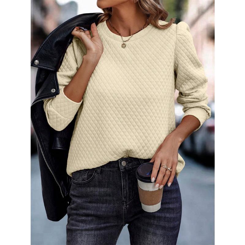 Autumn and Winter Women's Sweatshirt Round Neck Plaid Solid Color Temperament Elegant Casual Long Sleeve Top Sweatshirt