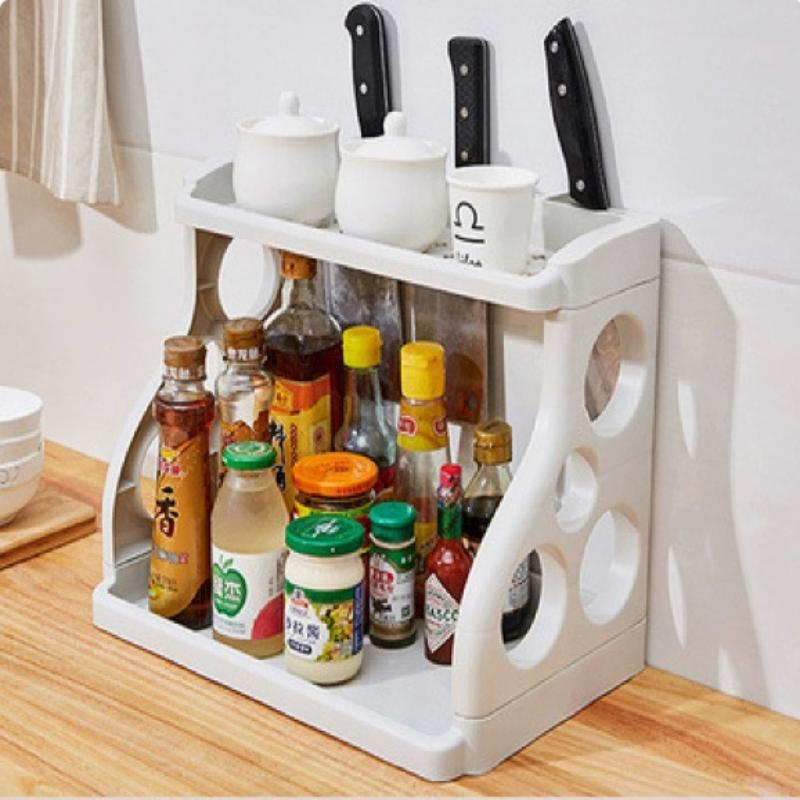 Large Capacity Double Layer Kitchen Rack Seasoning Storage Organizer Shelf with Knife Holder for Big Families