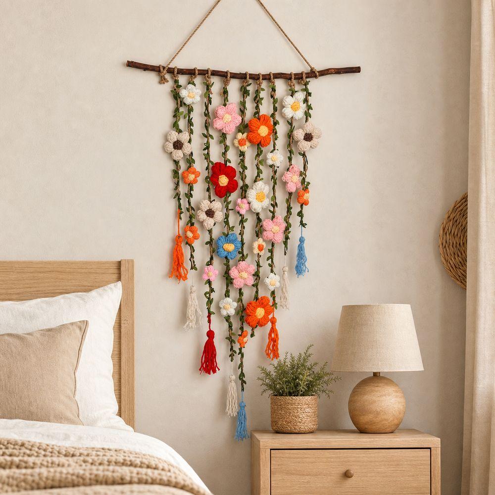 Wooden Branch Crochet Wall Hanging Yarn Floral Tapestry Macrame Wall Hanging  Living Room Decor