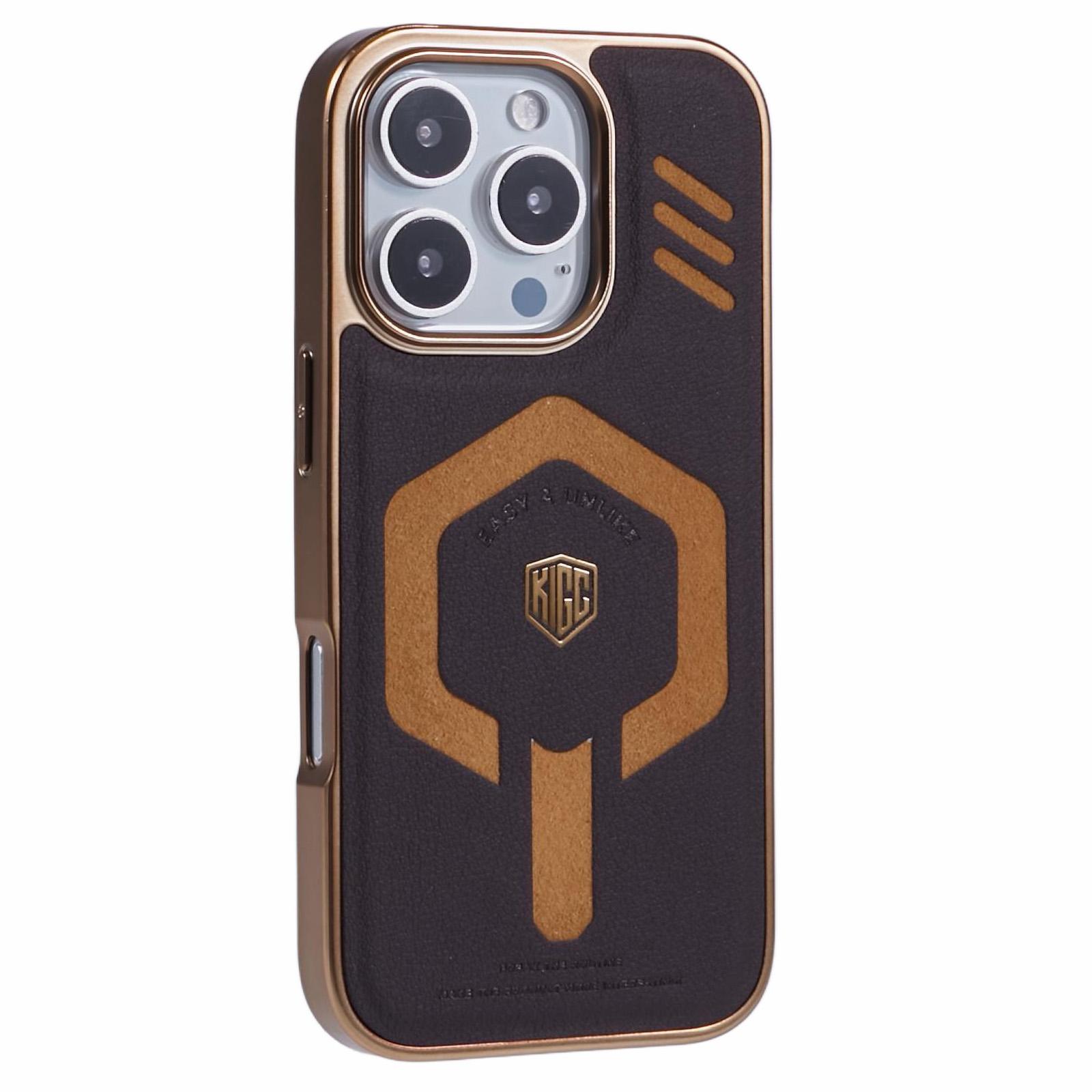 

KIGC For iPhone 16 Pro Case Compatible with MagSafe Leather+PC+TPU Phone Cover Titanium Gold