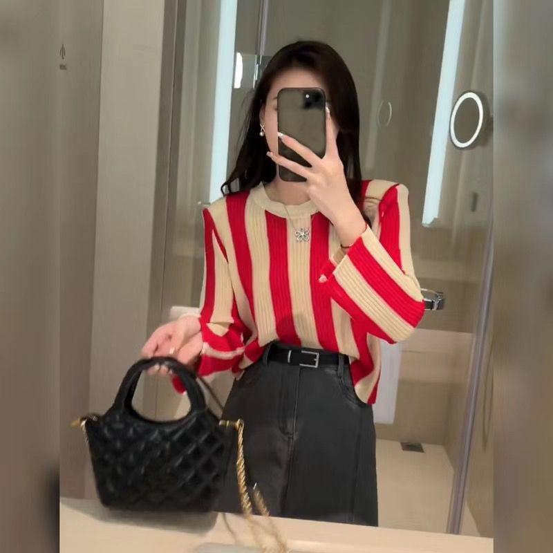 Camiseta de manga larga con cuello redondo a rayas para mujer, jersey informal de manga larga con diseño de verano y primavera, 2023