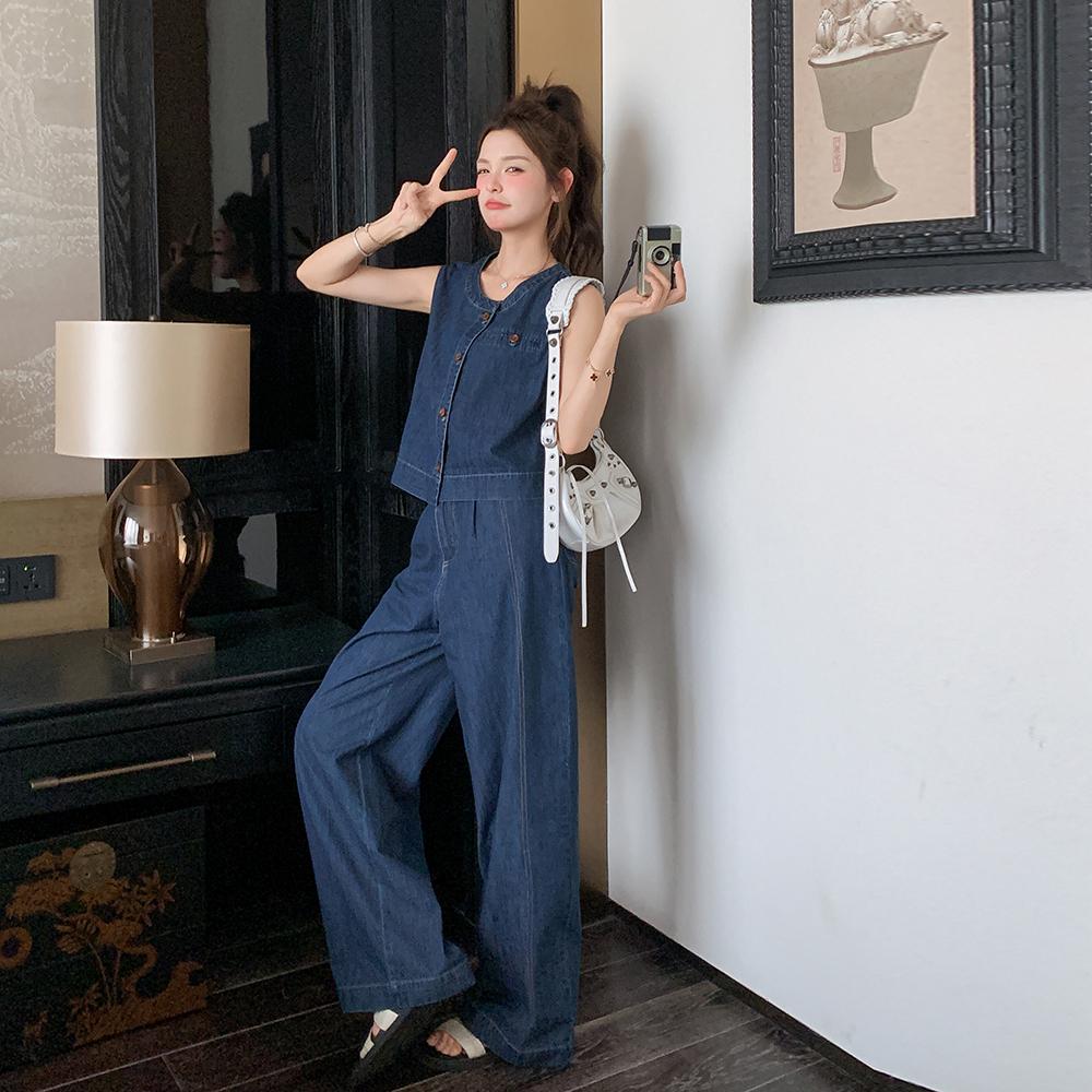 Summer Denim Two-Piece Set for Women – Denim Vest and Wide Leg Pants, Casual Loose Fit, Slimming Summer Outfit S синий