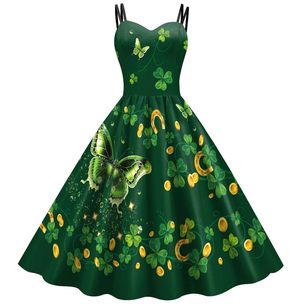 Women's Spaghetti Strap Clover Dress - St. Patrick's Day Irish Festival Clothing