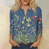 Women's Vintage Floral Print Henley Button Neck Three Quarter Sleeve Linen Cotton Blouse Casual Loose Fit Shirt for Everyday Wear