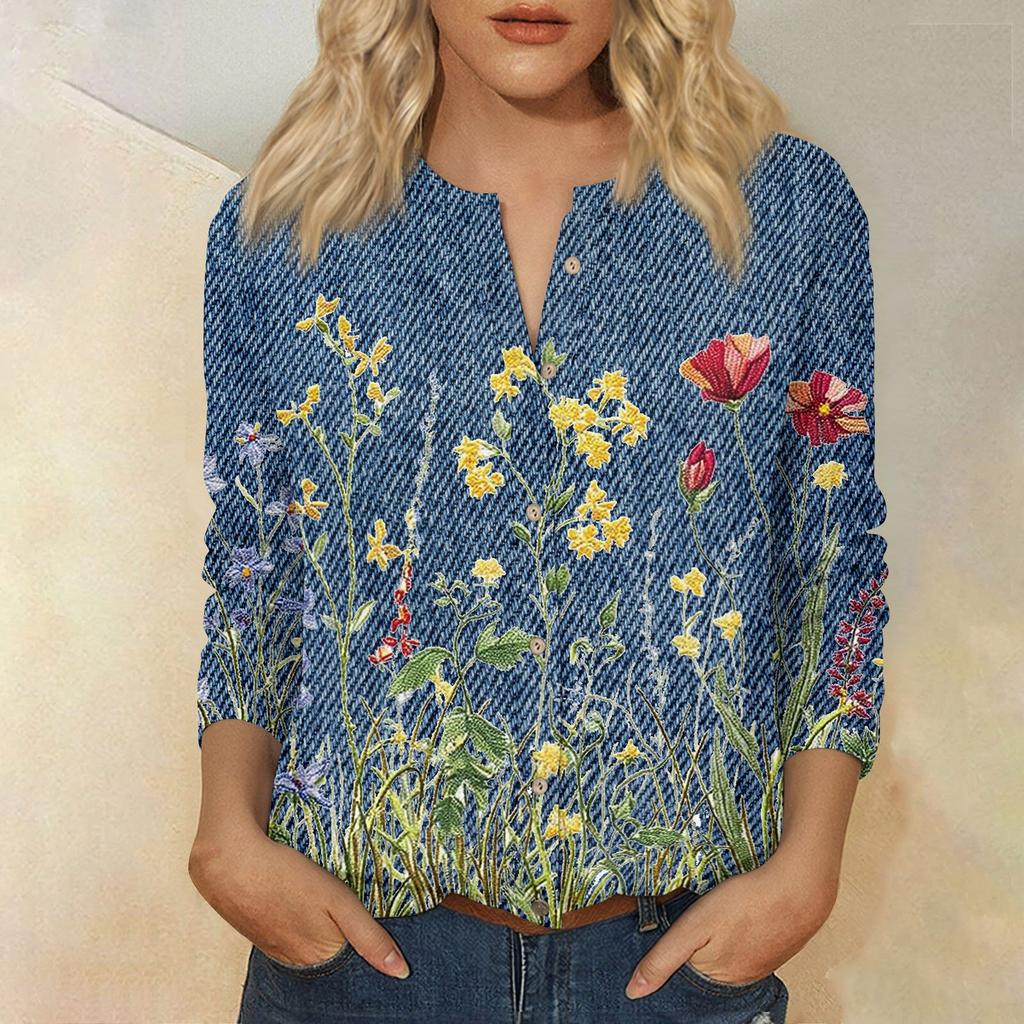 Women's Vintage Floral Print Henley Button Neck Three Quarter Sleeve Linen Cotton Blouse Casual Loose Fit Shirt for Everyday Wear