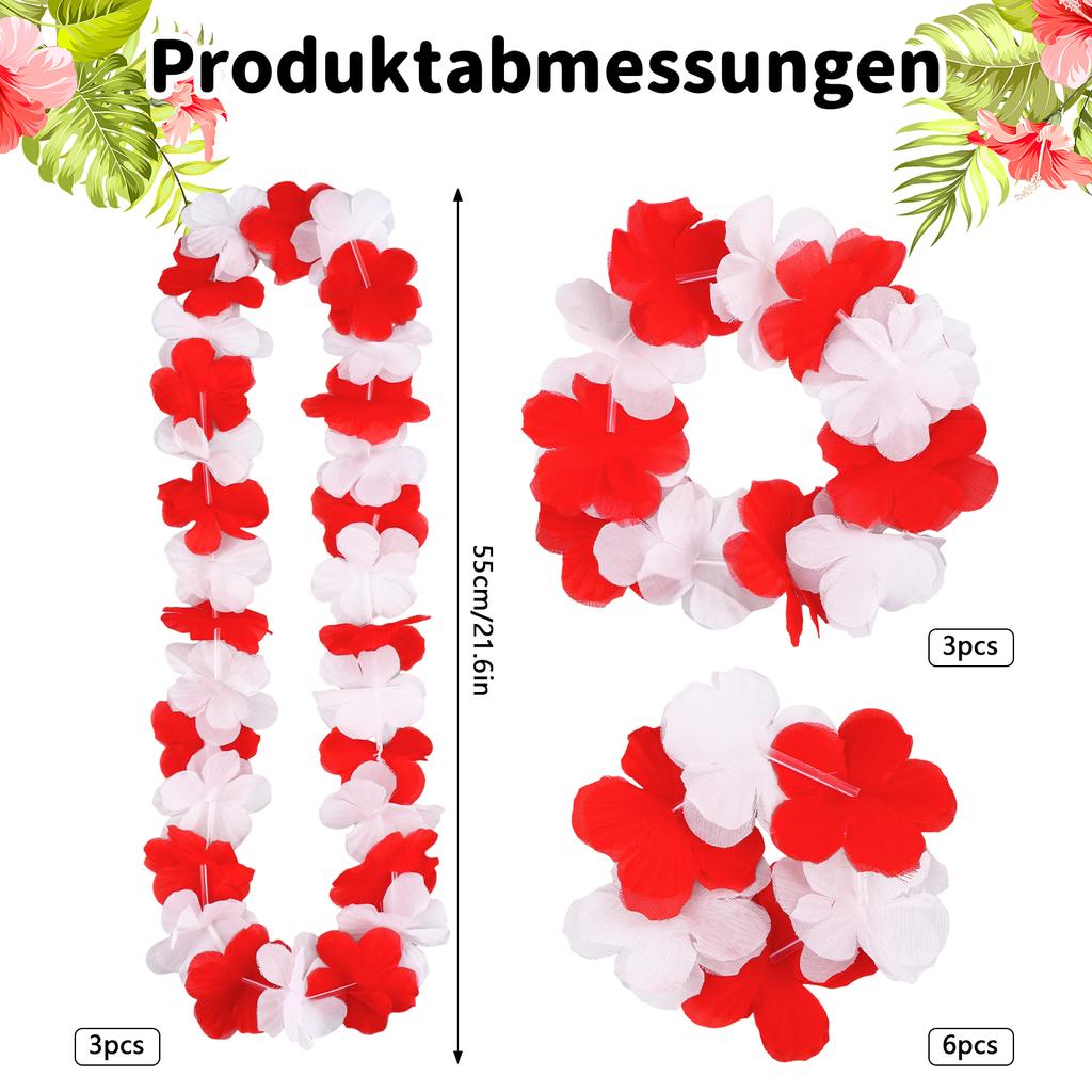 12 Stk Karneval Blumenkette Rot Weiß, Karneval Deko Hawaii Kette Blumen, Karneval Accessoires, Bunte FrüHlings- & Partydekoratio