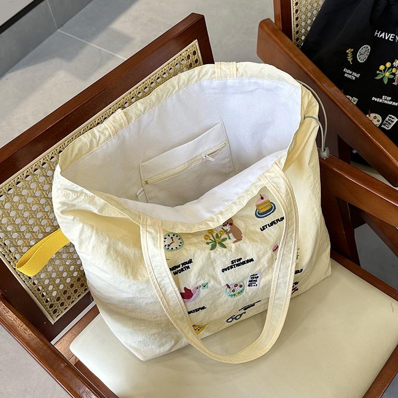 Large Capacity Shoulder Bag Cute Embroidery Versatile Literary Drawstring Lazy Wind Spring And Summer Candy Color