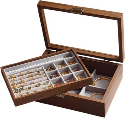 Caja de Almacenamiento de Joyería Vintage de Nogal Negro con Tapa de Cristal Bloqueada - Puede Almacenar Collares Pendientes Anillos Pulseras Relojes