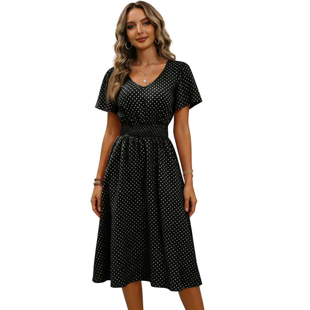 Women's V-Neck Waist-Defining Polka Dot Short-Sleeve Casual Dress