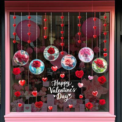 Valentine's Day Window Clings Rose Flower Heart Static PVC Window Glass Decals Reusable Double-Sided Static Stickers for Wedding Anniversary Decor