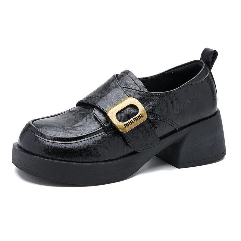 Internet celebrities with the same loafers women's Velcro 2025 spring new thick-soled British style women's shoes thick heel loafers small leather sho