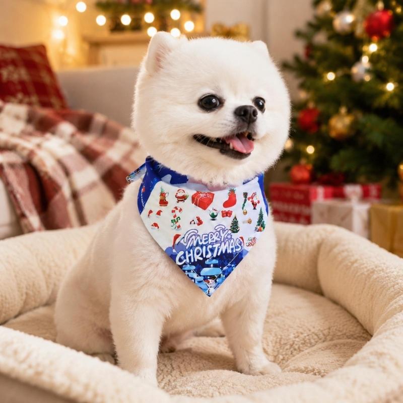 Holiday Pet Neckwear, Soft Christmas Neckerchief Cartoon Printed Dog Scarf Collar for Picture Days, Party Wear and Seasonal Style