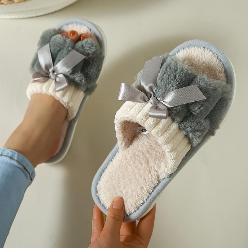 Teplé pantofle s dekorem Bowknot, neformální plyšové boty s otevřenou špičkou, pohodlné domácí pantofle