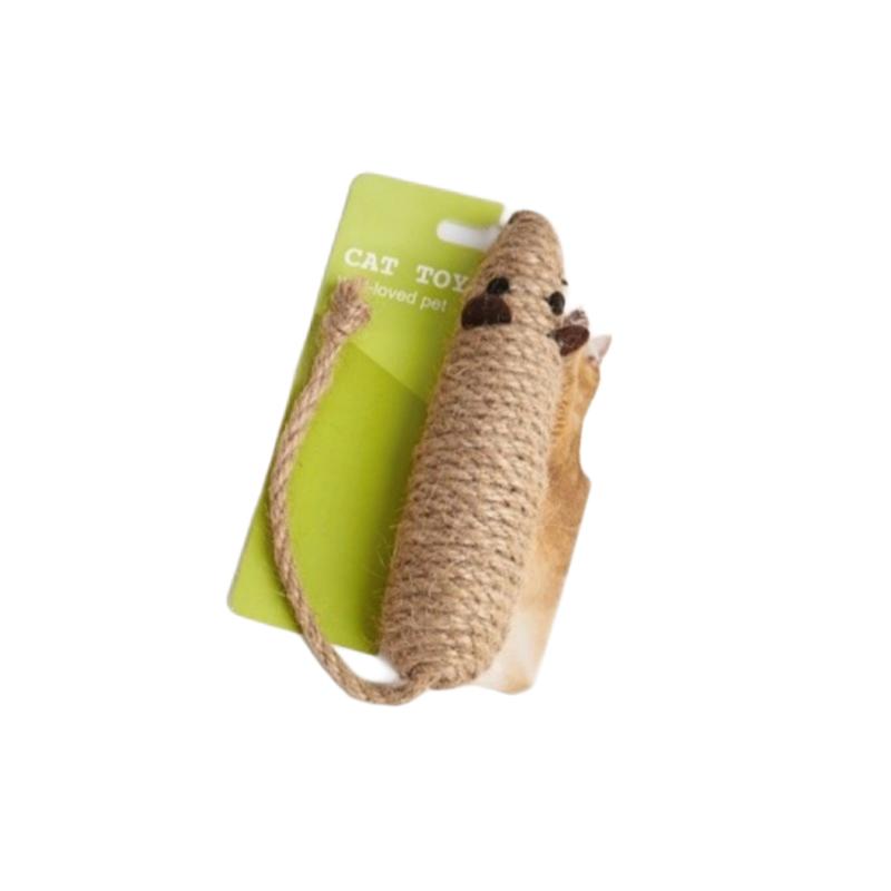 Natural Jute Mouse Cat Toy with Feather, Interactive Kitten Chew Teaser, Durable Pet Play Toy for Cats Gift
