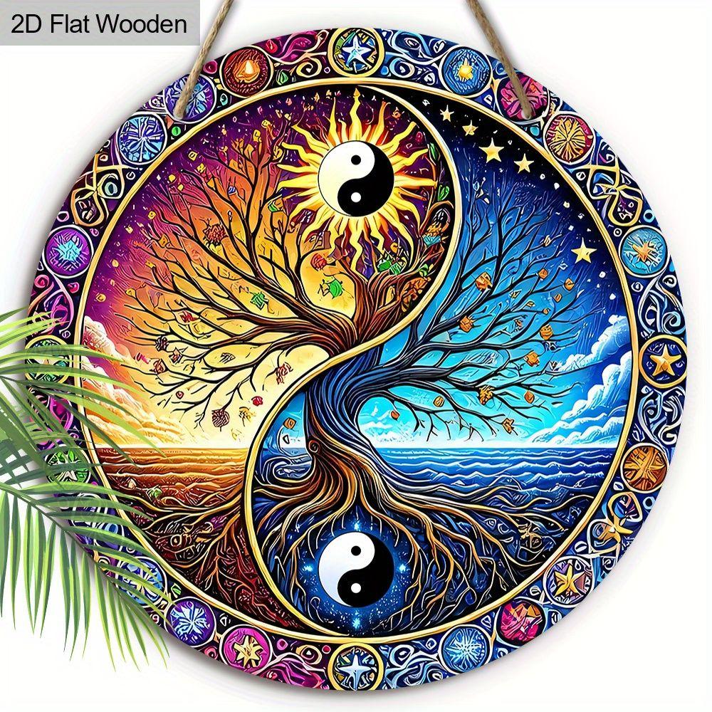 Yin Yang Tree Of Life Round Wooden Hanging Sign, 2D Flat Wooden Spiritual Wall Decor