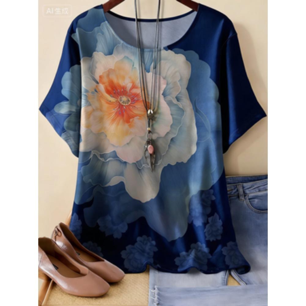 

Women Casual Loose Short Sleeve Blouse Elegant Big Peony Floral Graphic 3D Print Round Neck Soft Daily Basic Top XL