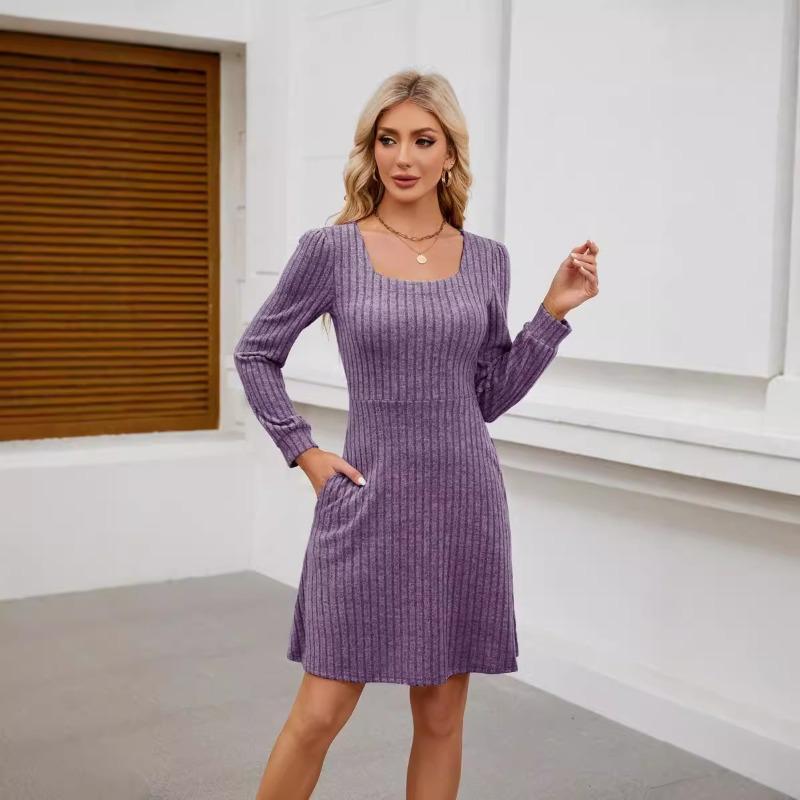 Summer New Product Square Neckline Bag Knitted Sweater Long-sleeved Casual Dress Female YDJR6666