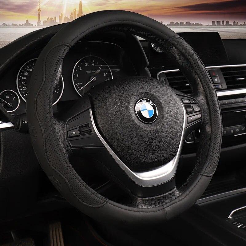 DERMAY Black Car Sport Steering Wheel Cover Leather Auto Steering Covers Universal 37-38cm Wheel Covers Car Inter Accessories