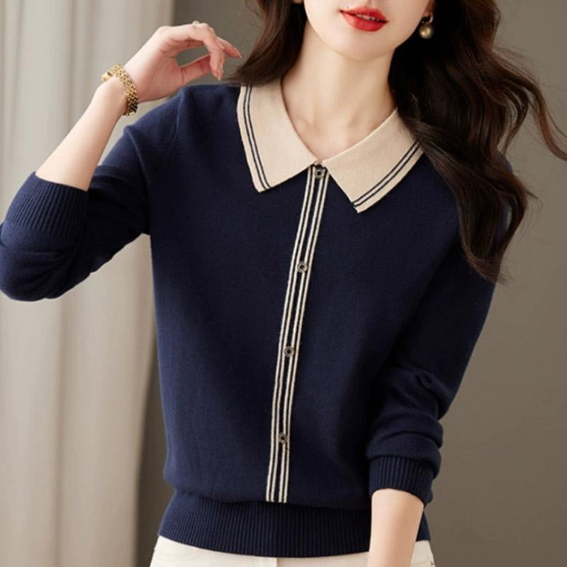 

Женские свитера, пуловеры 2025, осень-зима, длинный рукав, воротник-кукла, повседневный вязаный свитер, женские топы, пуловер JJ105 One Size тёмно-синий