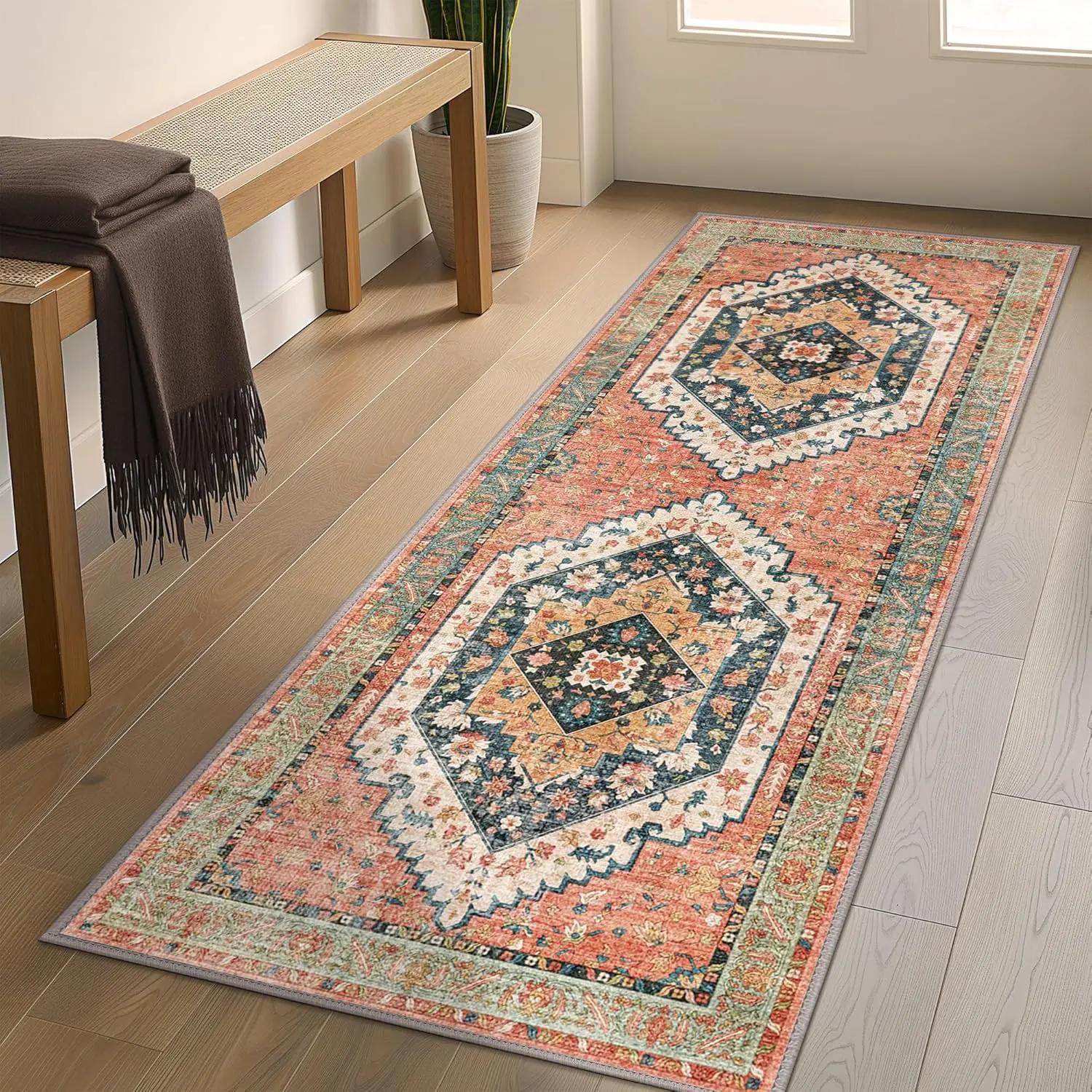 Vintage Retro Flurläufer Teppiche Maschinenwaschbar - Rutschfest Niedriger Flor Leichtgewichtiger Weicher Druckteppich für Heiminnendekoration 40X120CM