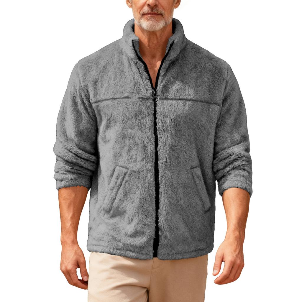 Men's Casual Solid Color Stand-up Collar Fleece Jacket, Men's Loose Zipper Long-sleeved Fleece Jacket