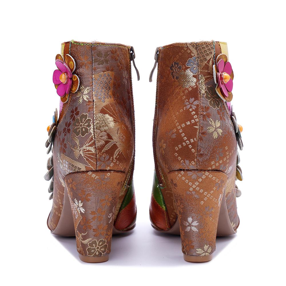 Johnature Genuine Leather Printed Short Boots Fashion Mixed Colors Flower Side Zipper Women's High Heels