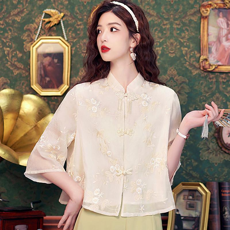 New Summer Fashion Chinese Style Embroidery Chiffon Blouse Shirt Women Tops Blouses Shirts J330