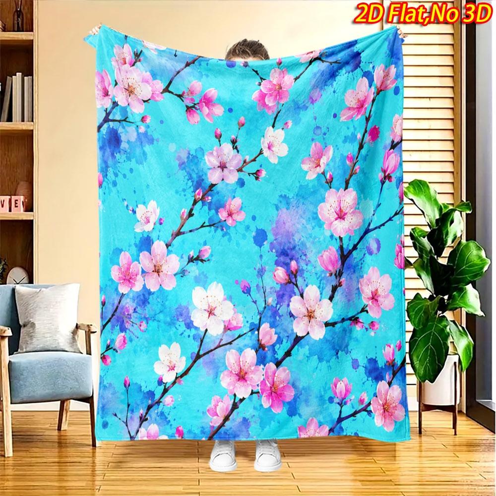 1pc Pink Cherry Blossom Blanket Suitable for All Seasons, Soft Flannel Throw Bedspread with Pink Cherry Blossom Watercolor Print, Machine Washable Coz