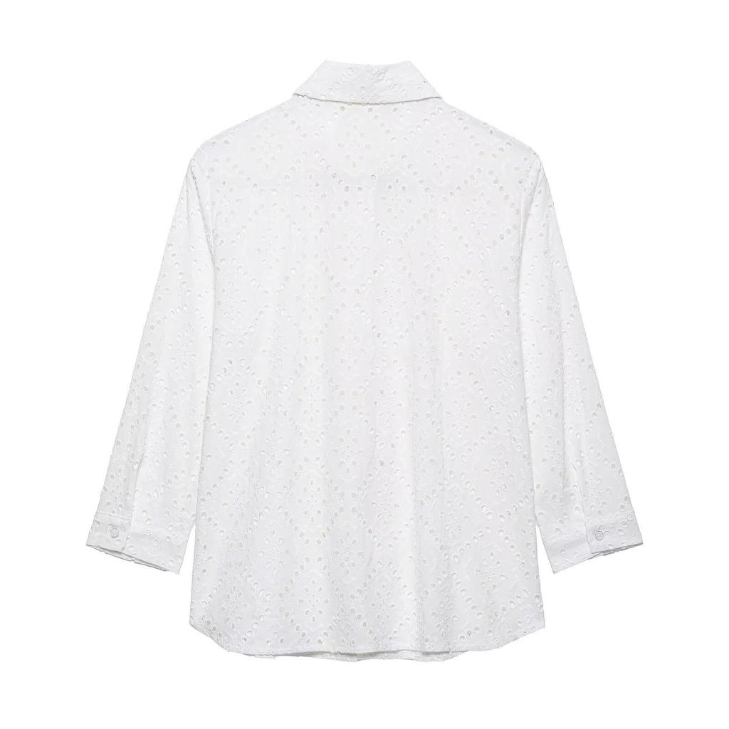 2025 Lato Damska Haftowana Ażurowa Koszula Casual z Klapami - Styl Europejski i Amerykański