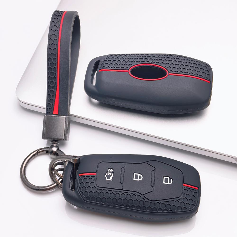 Silicone Key Cover with Keychain for Ford 3 Button Smart Key, Fits Ford Focus Mondeo Kuga Escape MK4 Mustang Against Non-Slip Honeycomb Grip