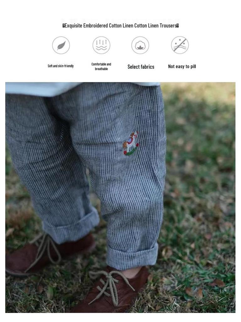 Boys' Cotton-Linen Elastic Waist Pants for Small & Medium Kids – Solid Color, Lightweight, Mosquito-Repellent Trousers