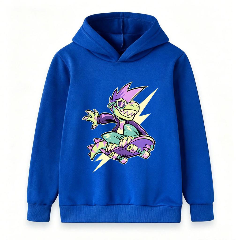 Kids Boys Girls Pullover Hoodie, Cool Cartoon Skateboarding Dinosaur Print Casual Lightweight Hooded Sweatshirt for Youth Daily Wear Street
