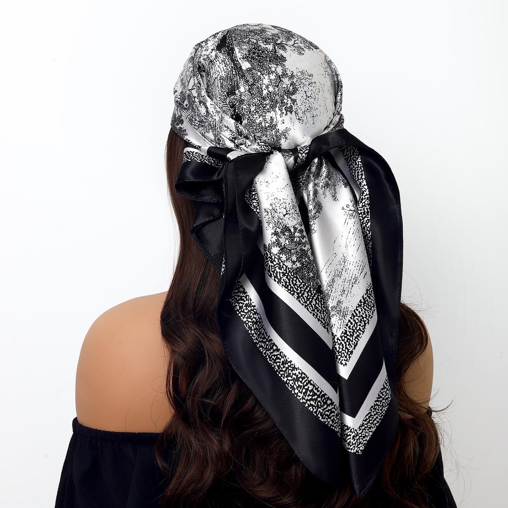 Fashion Square Silk Scarf Women Headband 90*90cm Print Neck Scarfs Office Hair Band Hand Kerchief Female Bandana Headwear