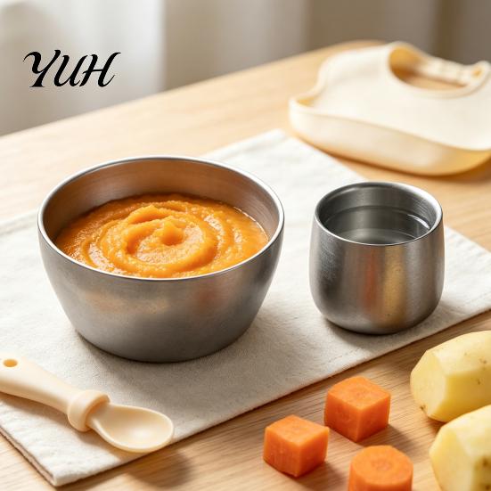 Rustic Style Metal Kitchenware Stainless Steel Cup/Bowl, Industrial Matte Container, Smooth Arc Bowl And Cup Set Shatterproof Non-slip Base Tableware