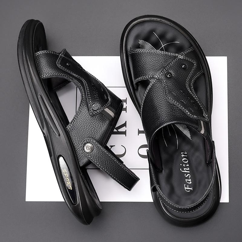 Sandals men's summer new beach shoes genuine leather cool slippers soft sole men's sandals trend one shoe two wear leather sandals