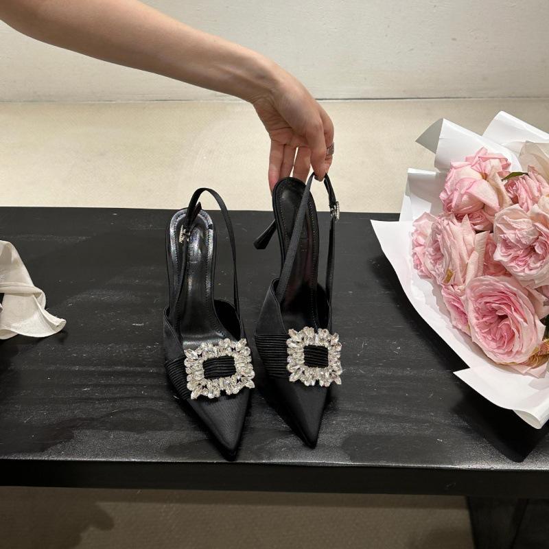 2025 spring and summer new temperament beautiful high heels pointed rear empty high heels sandals square buckle rhinestone women's one-word buckle bel